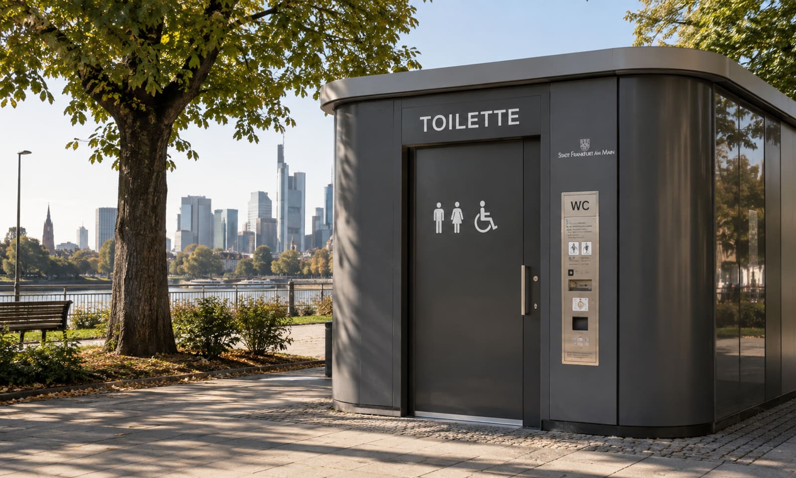 Barrierefreie öffentliche Toilettenanlage aus Edelstahl an einer Uferpromenade mit Skyline im Hintergrund